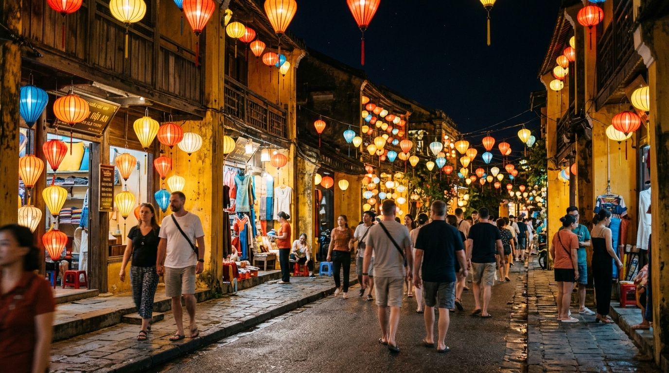 Hoi An Old Town lantern-lit streets during clear dry-season night – best time to visit hoi an dry season in best time to visit hoi an
