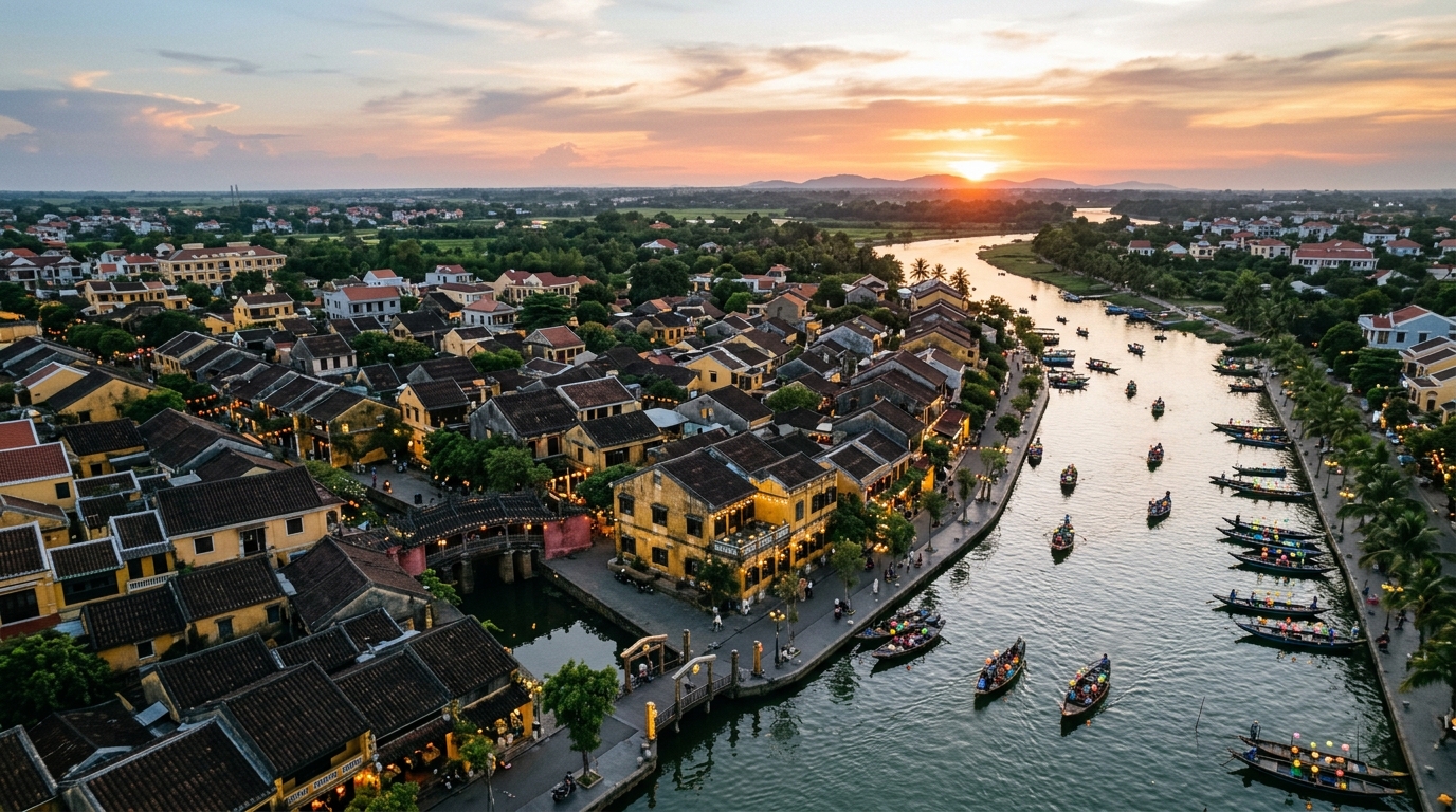 Aerial view of Hoi An Old Town and Thu Bon River at sunset - where to stay in hoi an old town in where to stay in hoi an