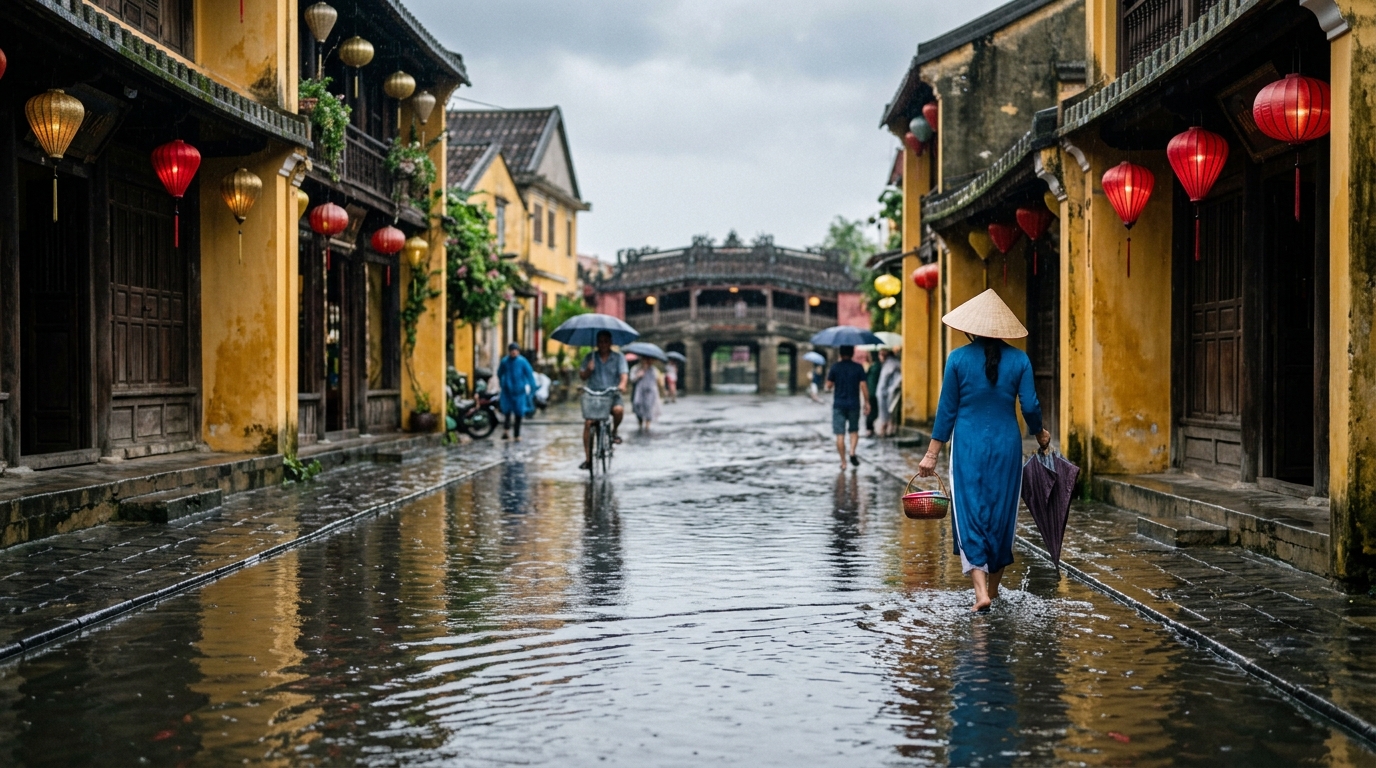 Hoi An Old Town with mild flooding during October wet season – best time to visit hoi an wet season in best time to visit hoi an