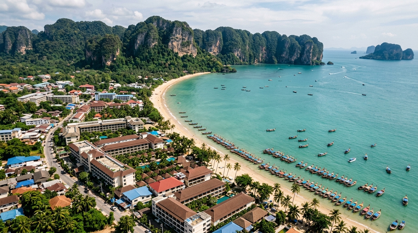 Aerial view of Ao Nang beach with rows of resort hotels and longtail boats - where to stay in krabi ao nang aerial in where to stay in krabi