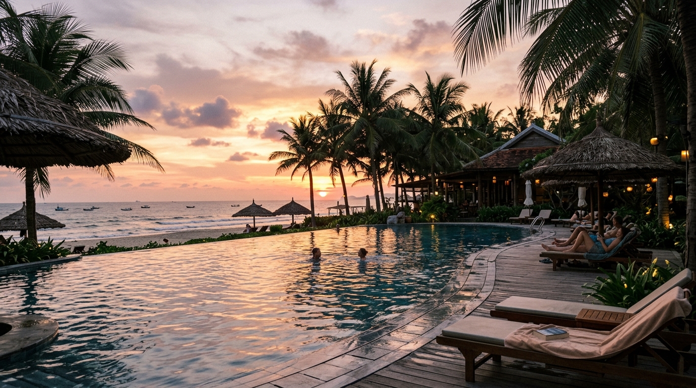 An Bang Beach resort pool with palm trees and Hoi An sunset – hoi an travel guide where to stay in hoi an travel guide