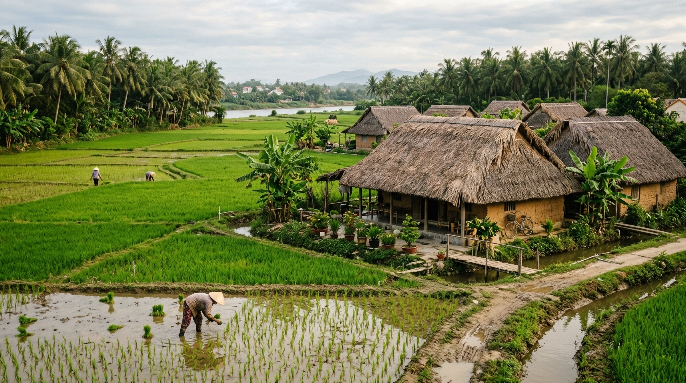 Cam Thanh village rice paddies with traditional thatched roofs - where to stay in hoi an cam thanh in where to stay in hoi an