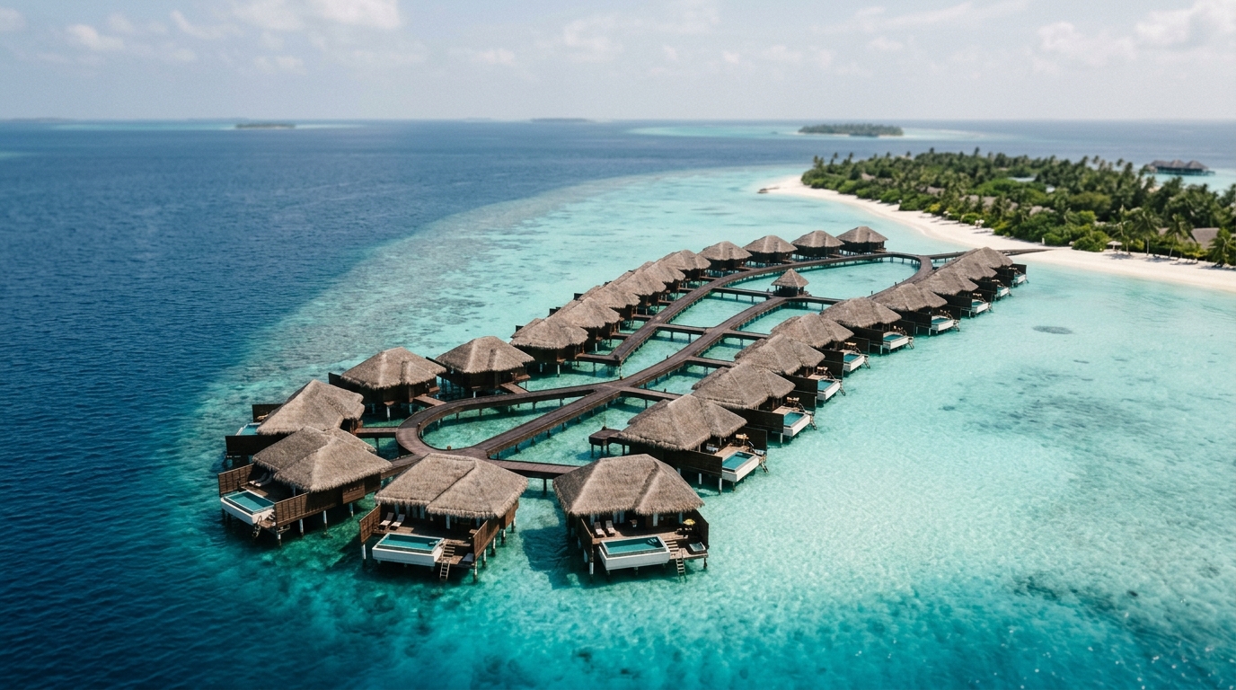 Aerial view of a Maldives overwater bungalow resort surrounded by turquoise lagoon and white sand