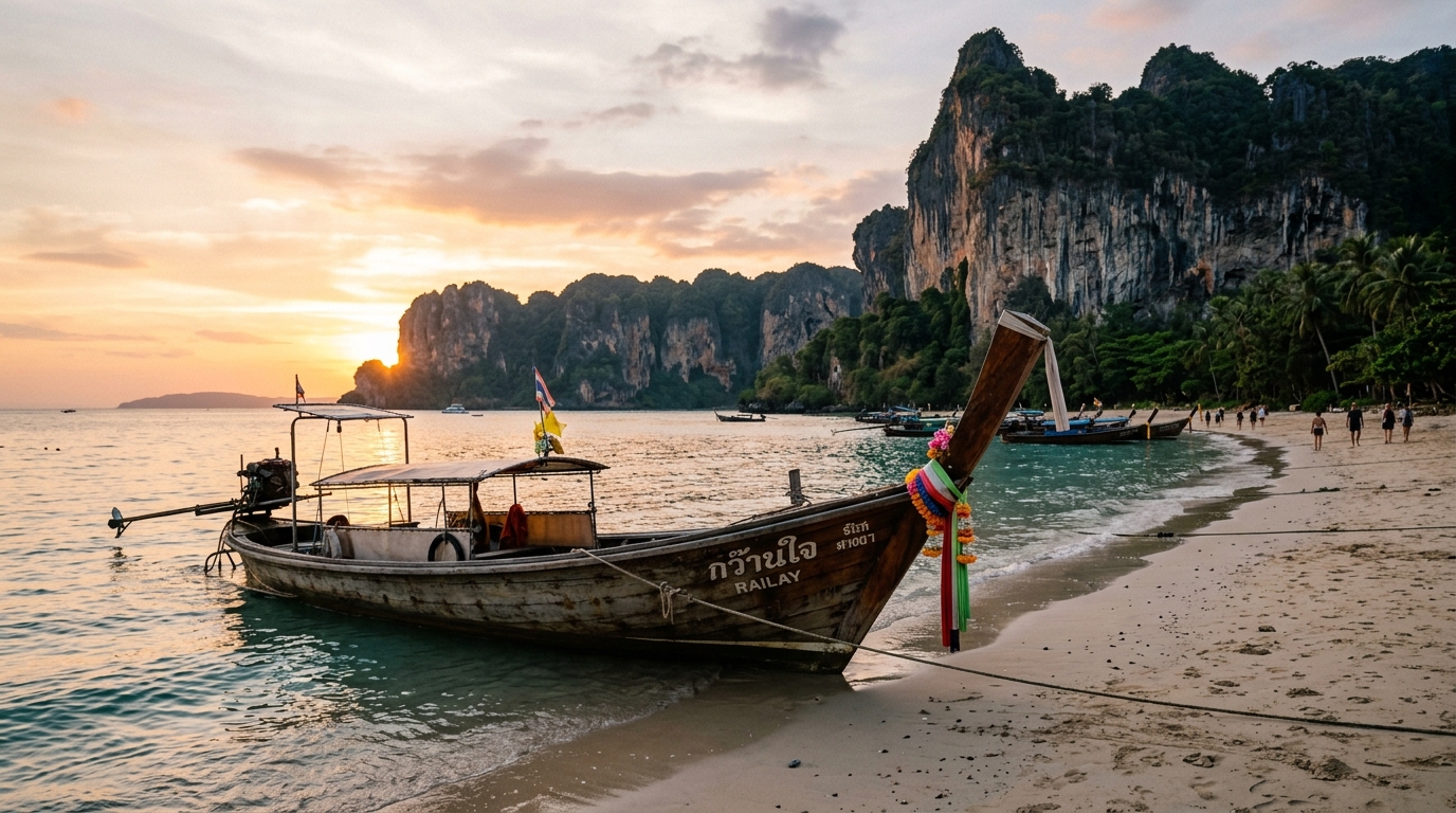 Longtail boat at Railay West Beach with limestone cliffs at sunset – best things to do in krabi railay beach in best things to do in krabi
