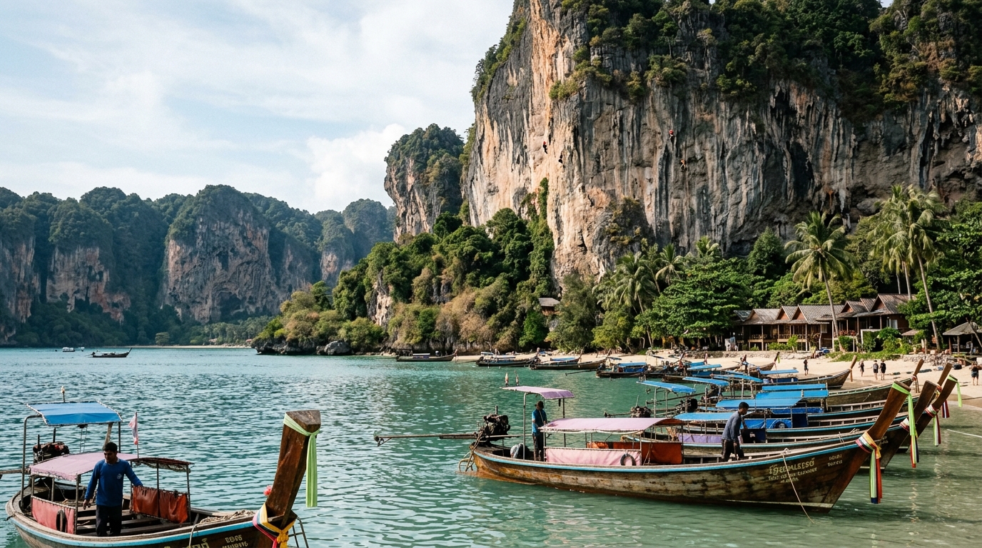 Tonsai climbing area with limestone walls and longtail boats - where to stay in krabi tonsai climbing in where to stay in krabi