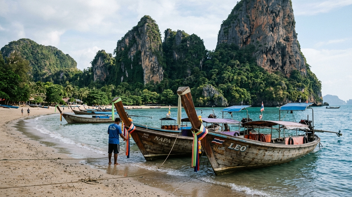 Longtail boats on Ao Nang beach with limestone cliffs in background – krabi travel guide ao nang in krabi travel guide