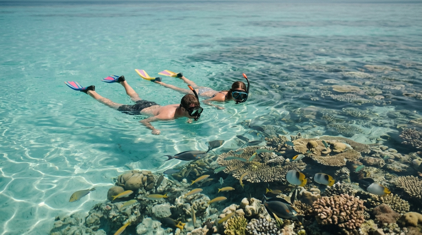 Maldives lagoon snorkeling scene with clear turquoise water, coral reef and tropical fish visible
