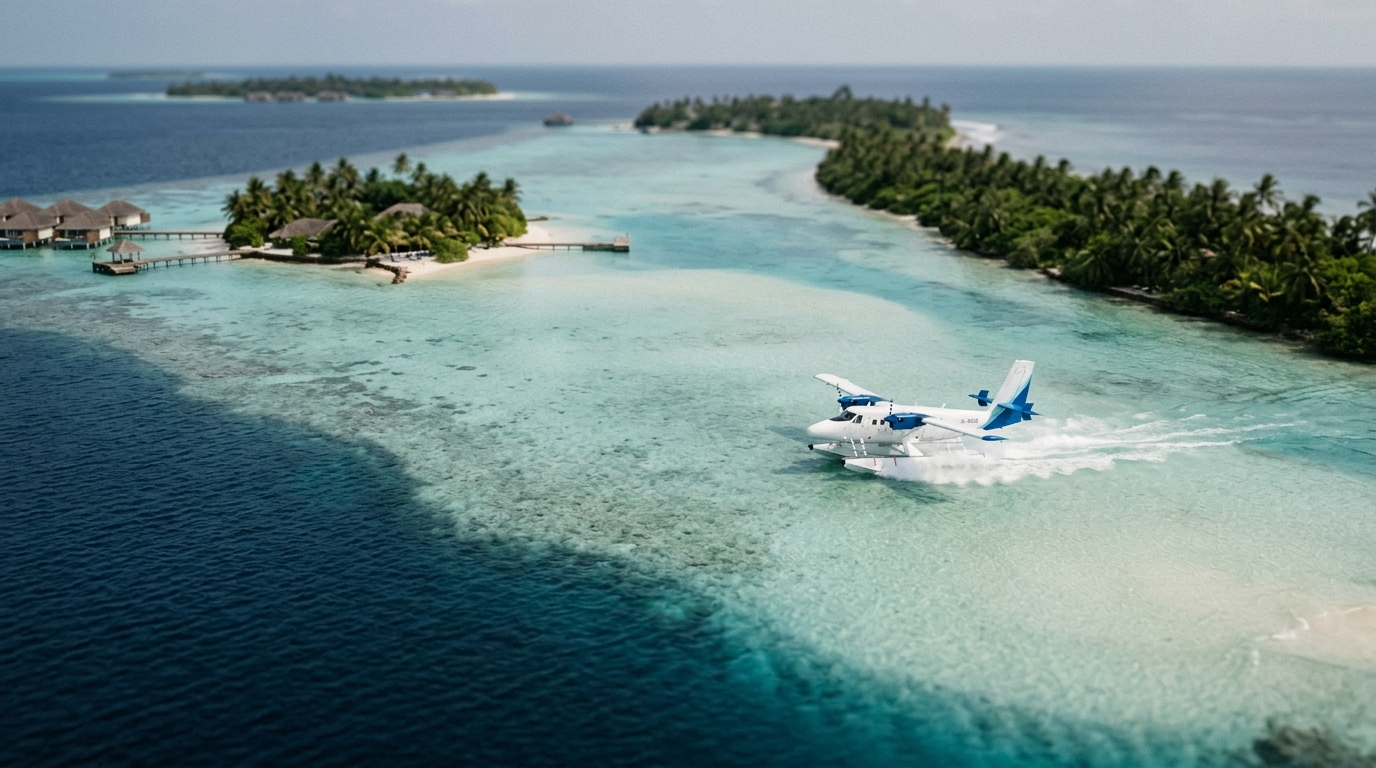 Maldives seaplane landing on blue lagoon between atolls