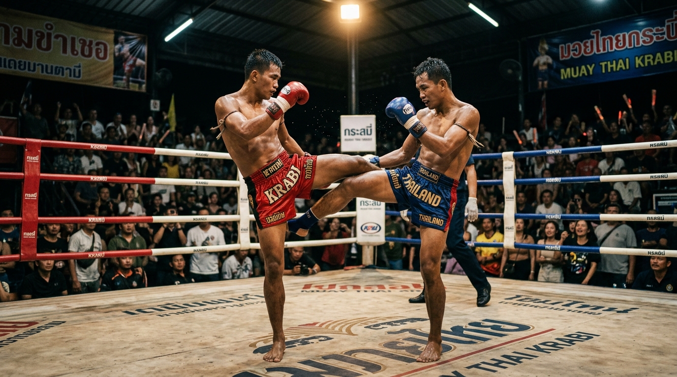 Muay Thai fighters in ring at Krabi stadium under spotlight – best things to do in krabi muay thai in best things to do in krabi