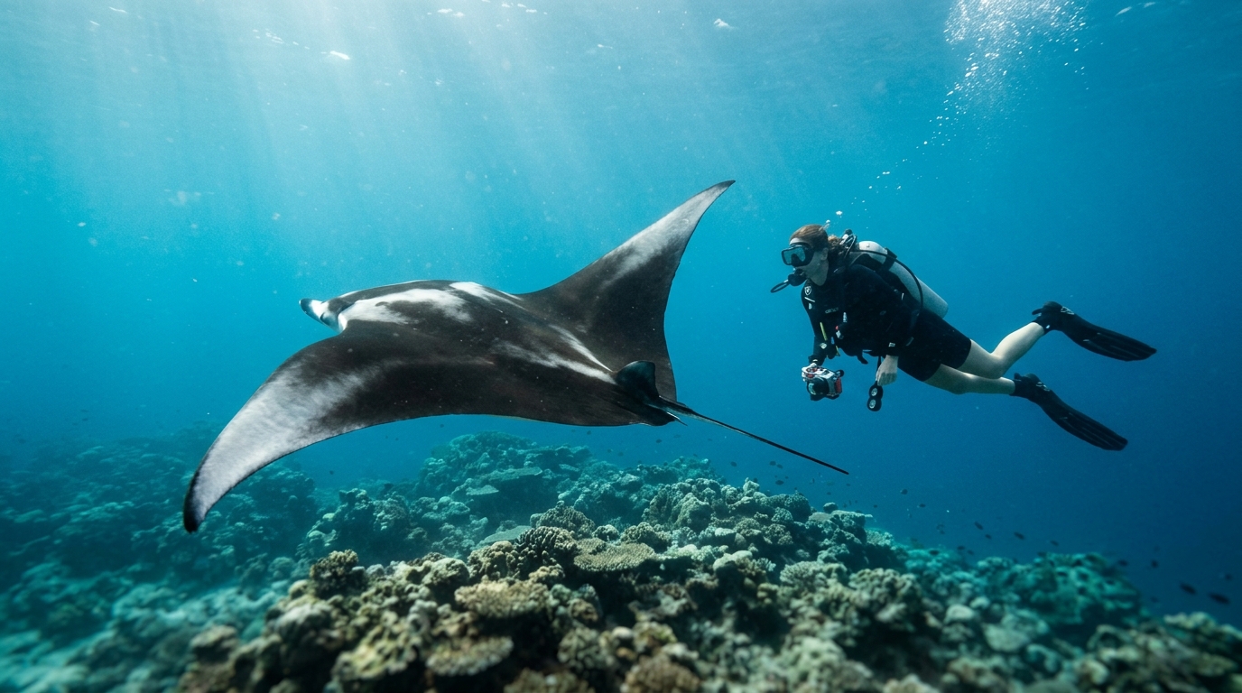 Maldives scuba diver swimming alongside a manta ray in clear blue water with coral reef below
