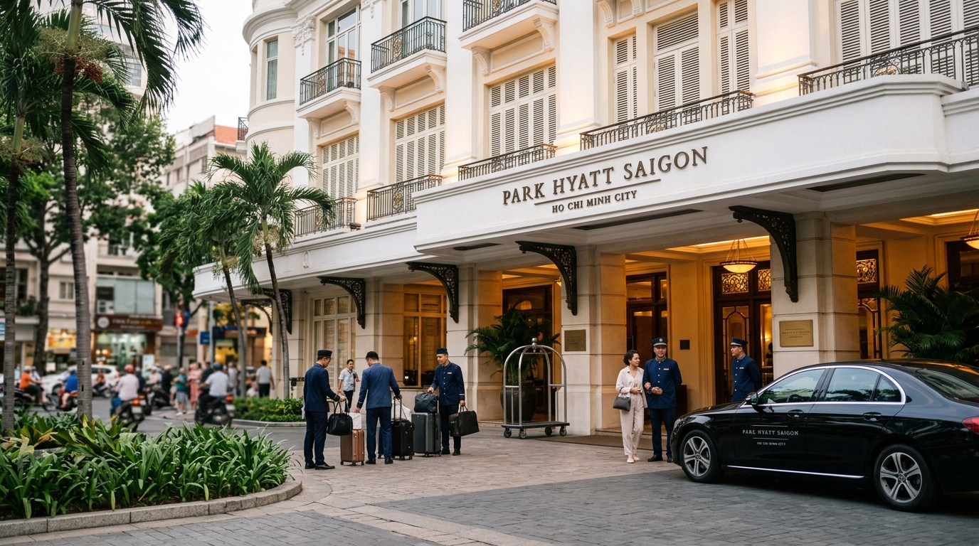 Park Hyatt Saigon hotel exterior with French colonial architecture and entrance staff – ho chi minh city hotels lu in ho chi minh city hotels
