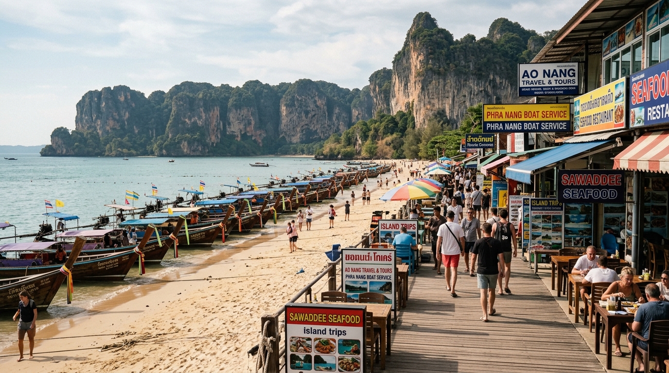 Ao Nang beach lined with restaurants and tour boat operators – krabi travel guide where to stay in krabi travel guide