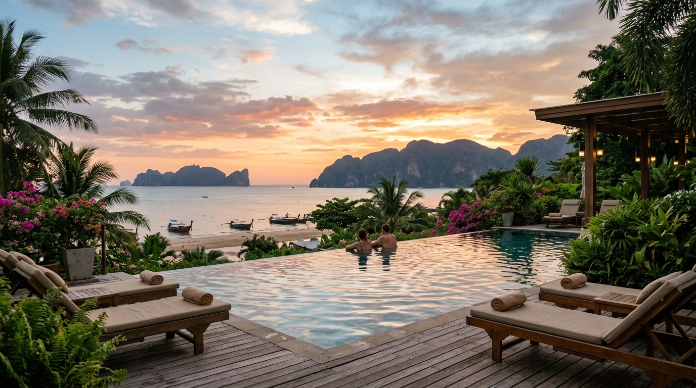 Boutique resort pool overlooking Tubkaek Beach Krabi at sunset – krabi hotels boutique tubkaek in krabi hotels