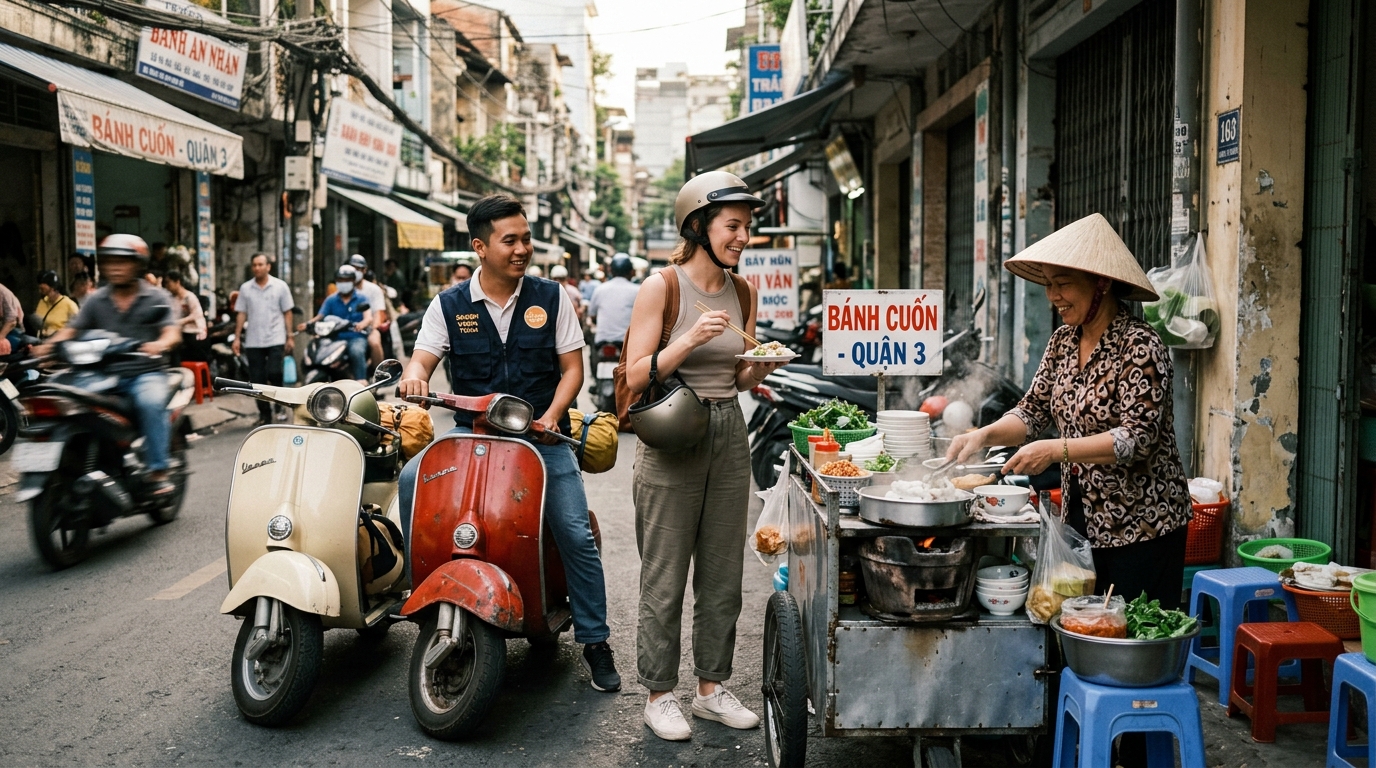 Vespa motorbike street food tour stopping at vendor in District 3 – how many days in ho chi minh city food tour in how many days in ho chi minh city