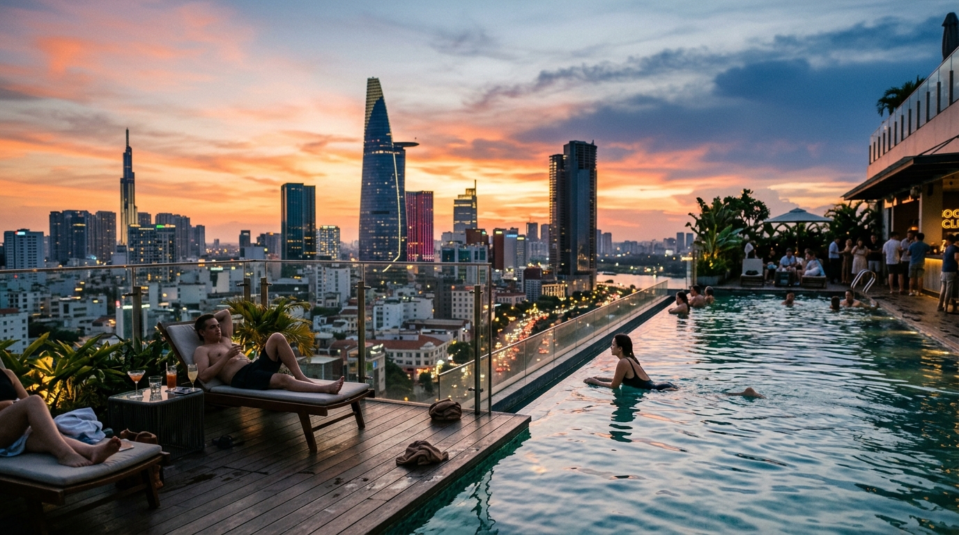 Hotel des Arts Saigon rooftop pool overlooking District 1 skyline at sunset – ho chi minh city hotels rooftop pool in ho chi minh city hotels