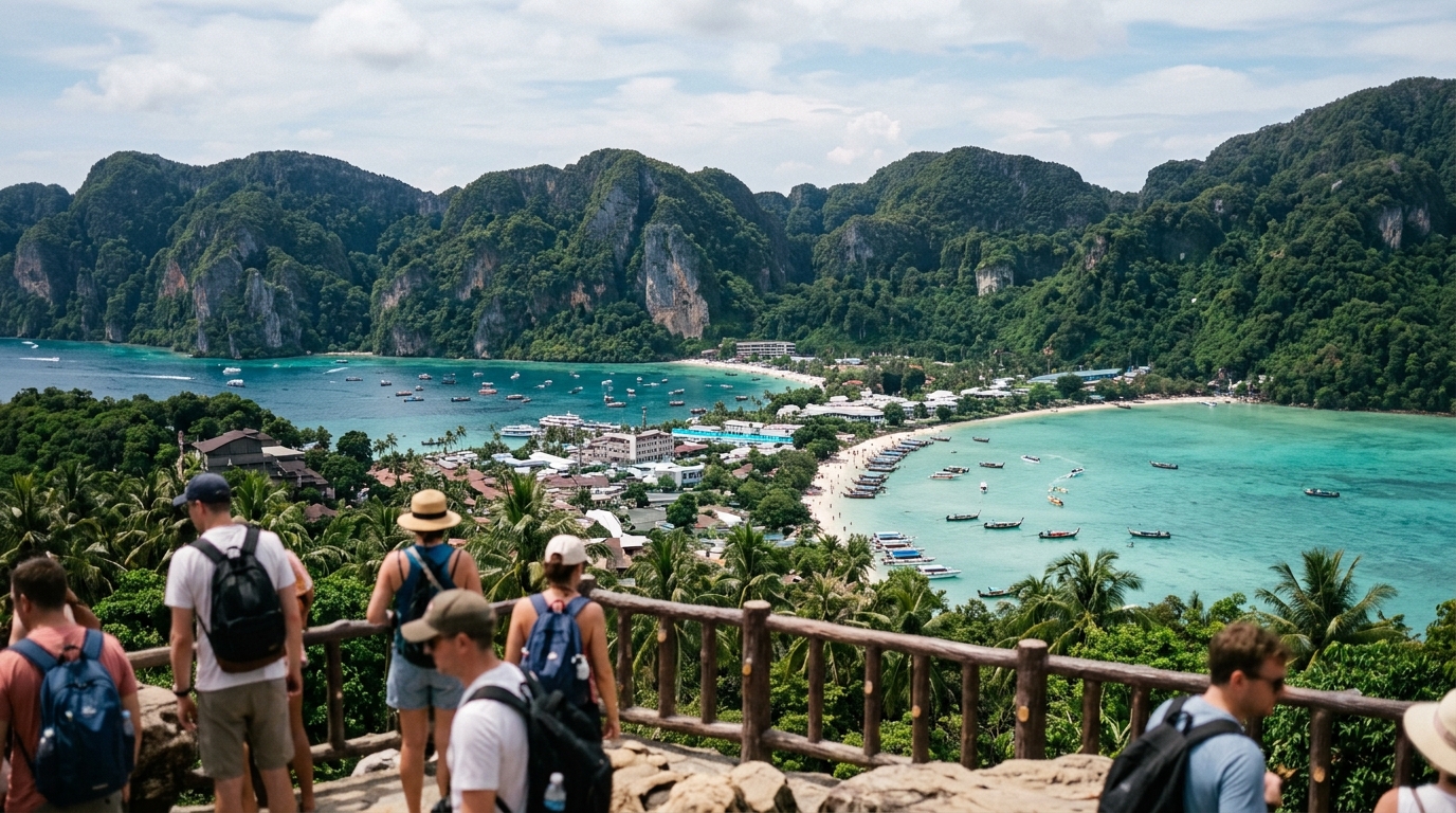 Phi Phi Don island viewpoint with tourist boats below – krabi travel guide phi phi day trip in krabi travel guide