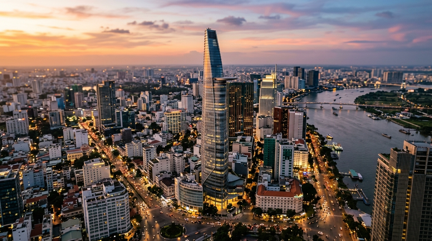 Aerial view of District 1 Ho Chi Minh City skyline with Bitexco Tower at sunset - where to stay in ho chi minh city dist in where to stay in ho chi minh city
