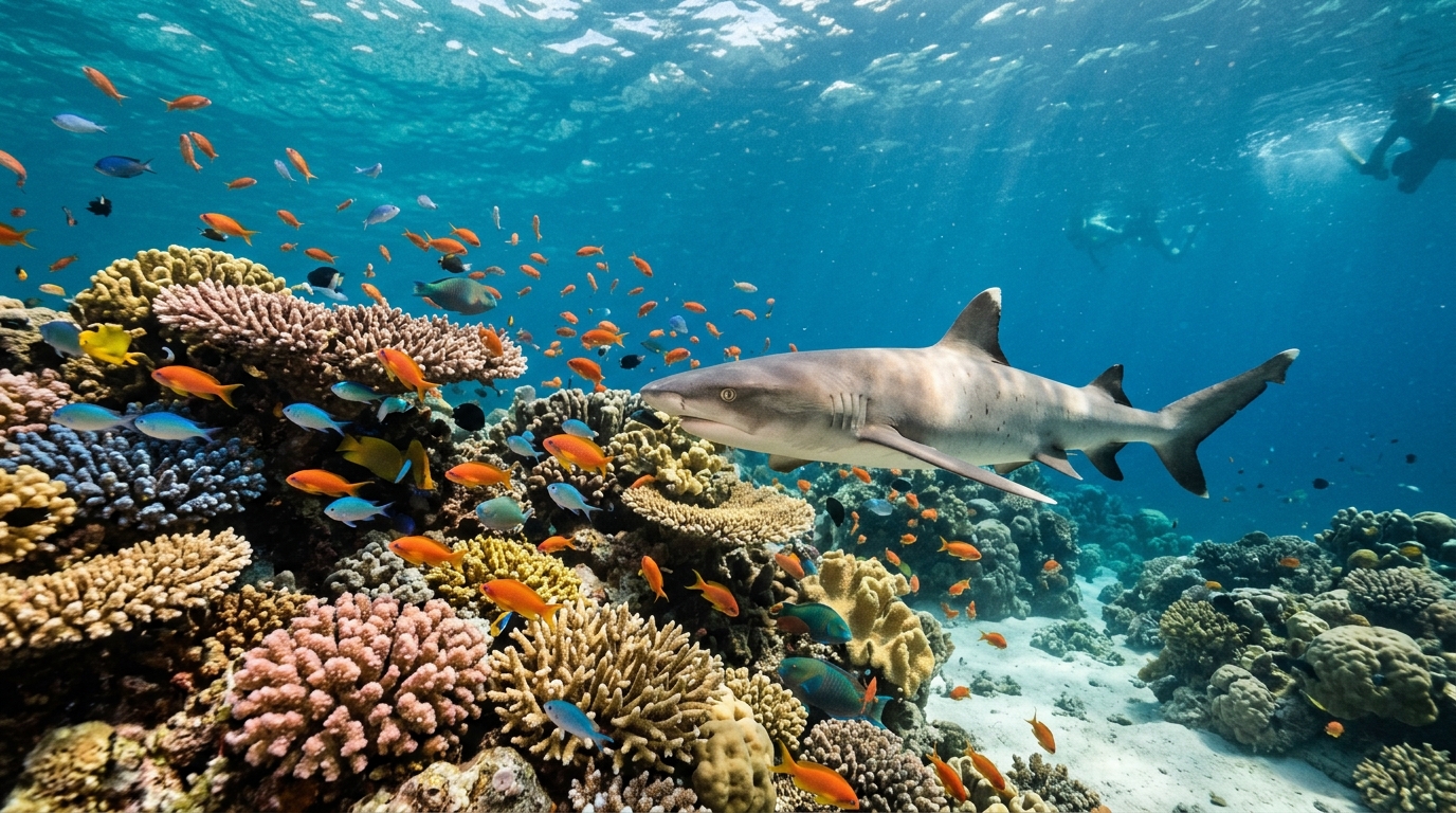 Maldives underwater coral reef with reef shark and tropical fish