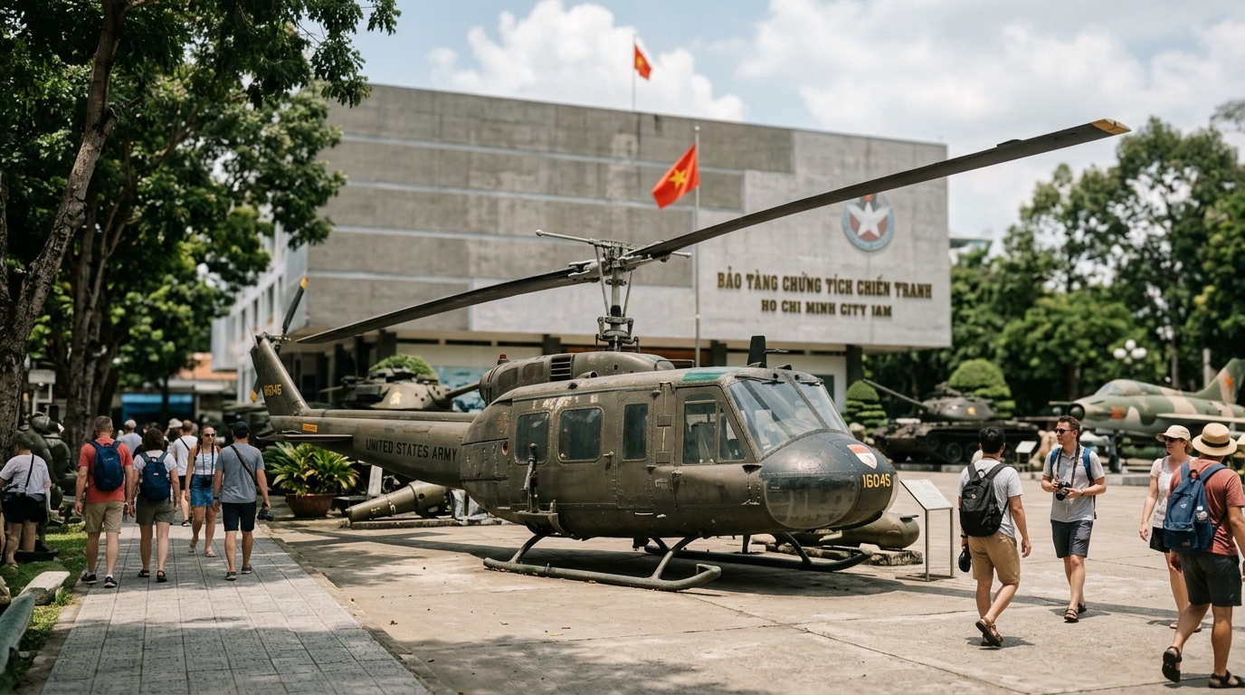 War Remnants Museum exterior with helicopter display in Ho Chi Minh City – best things to do in ho chi minh city w in best things to do in ho chi minh city