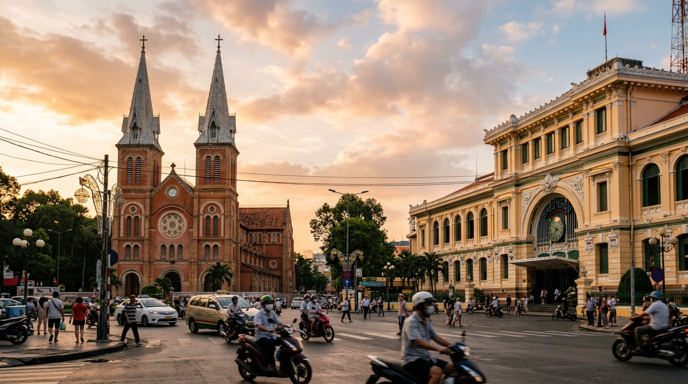 Notre Dame Cathedral and Saigon Central Post Office at golden hour – ho chi minh city travel guide saigon landmark in ho chi minh city travel guide