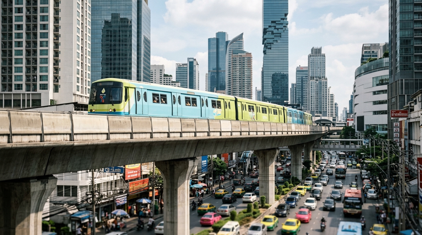 Bangkok BTS Skytrain passing through modern city center with elevated tracks – bangkok BTS skytrain elevated train in bangkok getting around 2