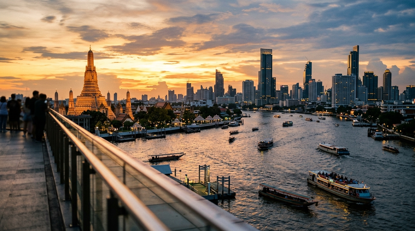 Bangkok skyline at sunset showing the Chao Phraya River and temples – bangkok skyline river sunset temples citysca in where to stay in bangkok