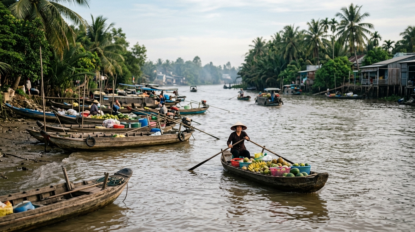Mekong Delta riverside with traditional wooden boats and palm trees – best things to do in ho chi minh city mekong in best things to do in ho chi minh city