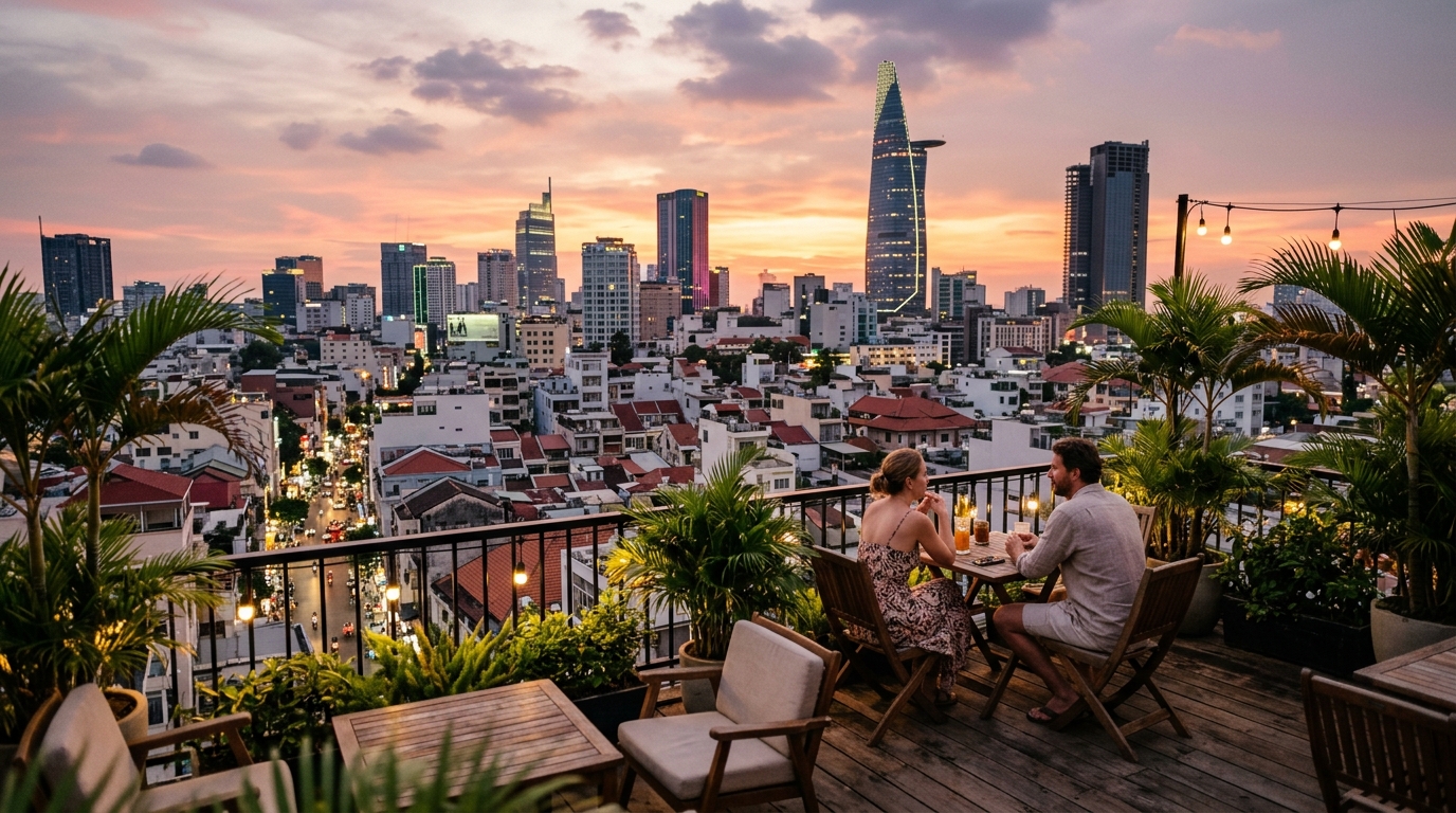 Boutique hotel terrace overlooking District 1 rooftops at sunset – ho chi minh city travel guide where to stay in ho chi minh city travel guide