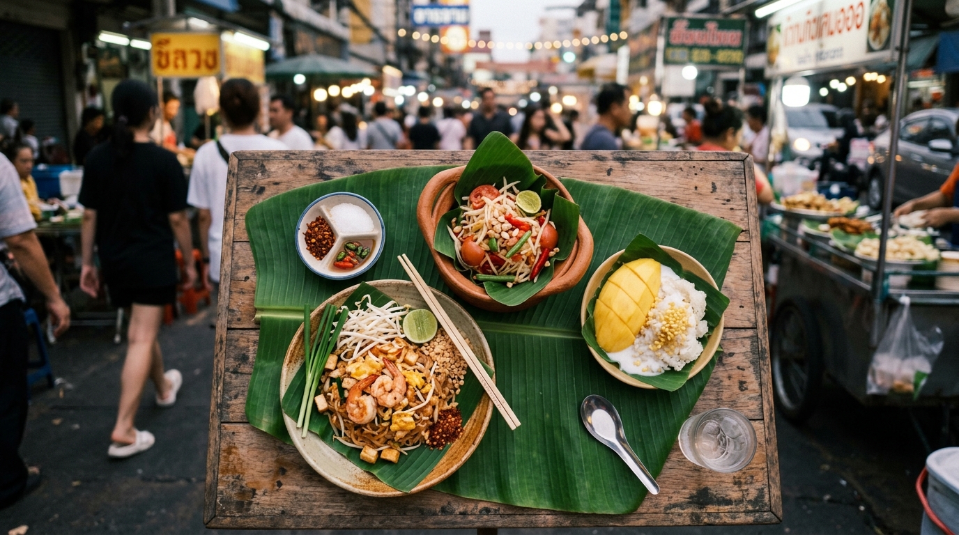 Overhead shot of Bangkok street food spread with pad Thai, som tum, and mango sticky rice on banana leaves – searc in best food in bangkok