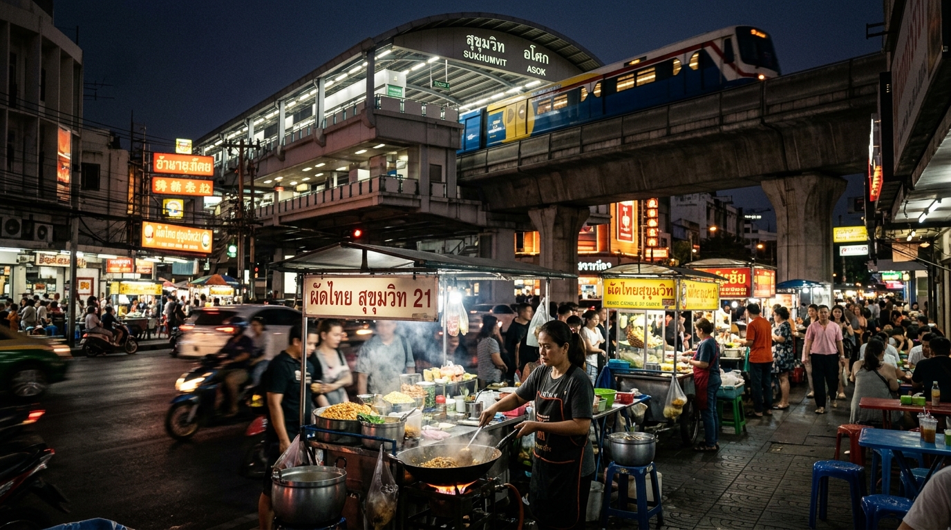 Sukhumvit BTS Skytrain station with street food vendors below – bangkok sukhumvit bts skytrain street food night in where to stay in bangkok