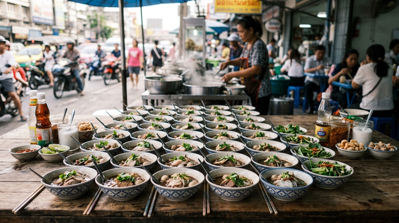 Tiny bowls of boat noodles lined up on a table at Victory Monument Bangkok