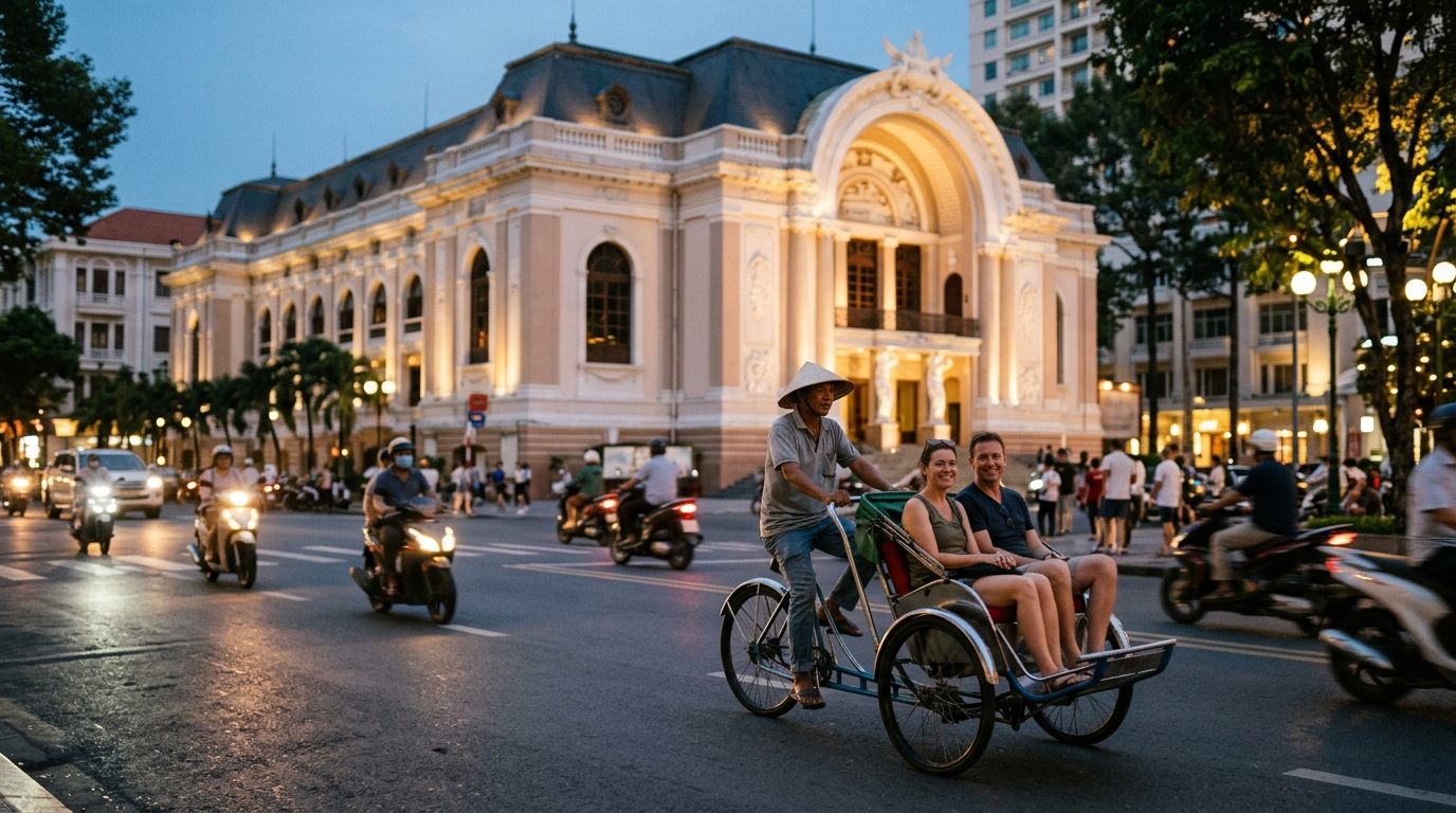 Cyclo tour passing the Saigon Opera House at dusk – ho chi minh city travel guide getting around in ho chi minh city travel guide