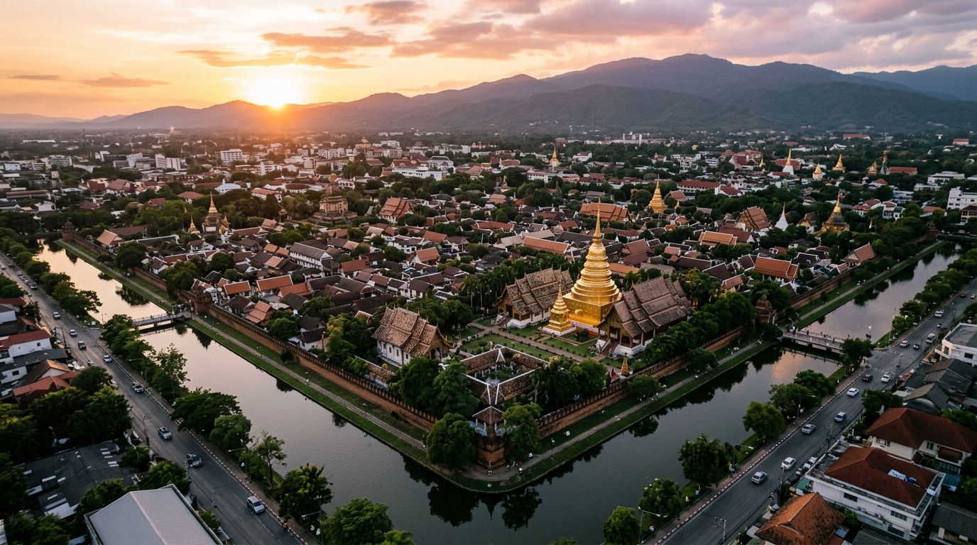 Aerial view of Chiang Mai Old City with Wat Phra Singh and the moat visible at sunset,