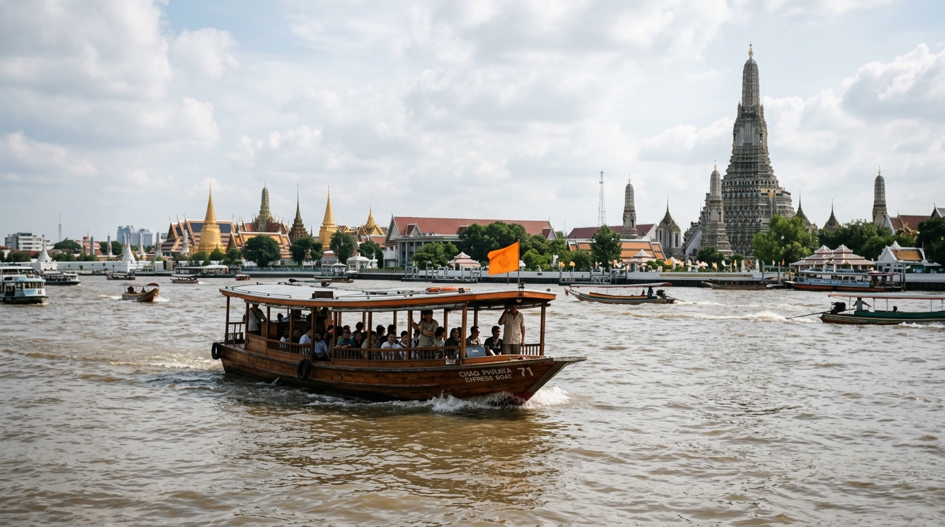Orange flag Chao Phraya Express Boat on Bangkok river with temples in background – bangkok chao phraya river boat  in bangkok getting around 2
