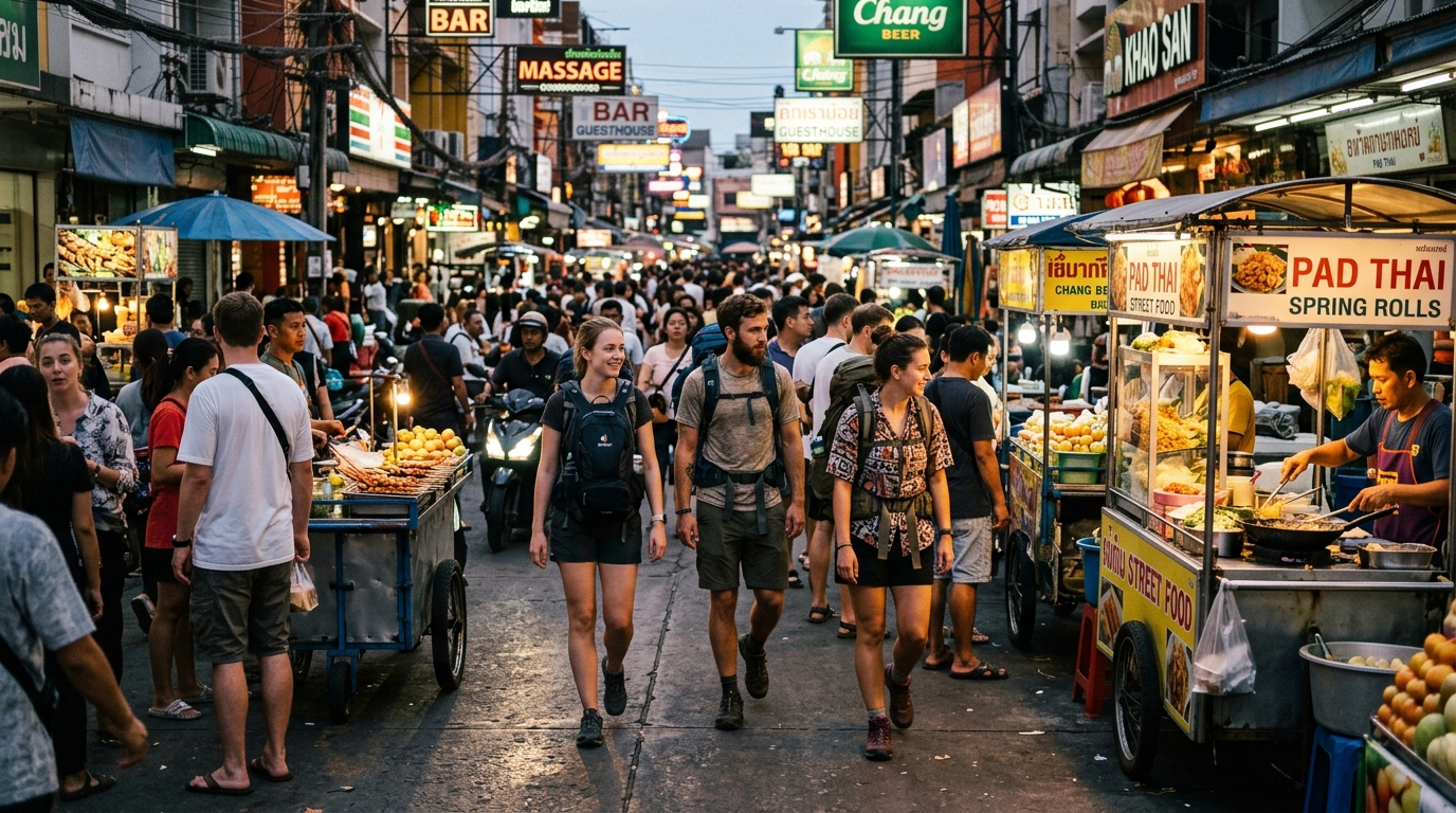 Khao San Road at evening with street food stalls and backpackers walking – bangkok khao san road street food eveni in where to stay in bangkok