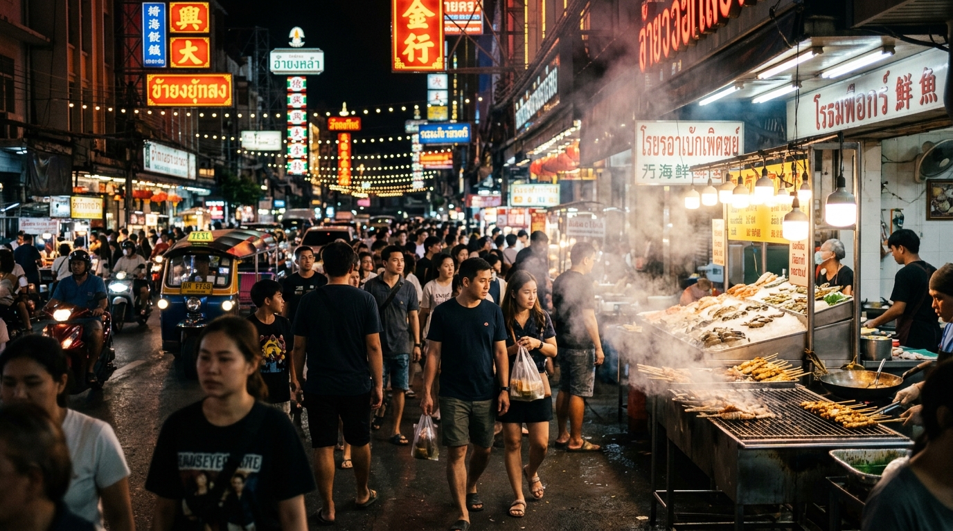 Yaowarat Road at night with neon signs, smoke from grills, and crowds walking past seafood stalls