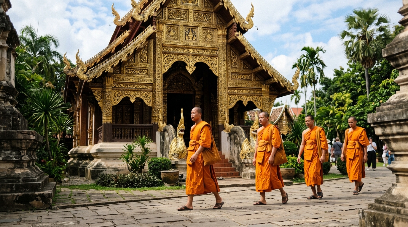 Wat Phra Singh temple ornate gold facade with monks walking in saffron robes,
