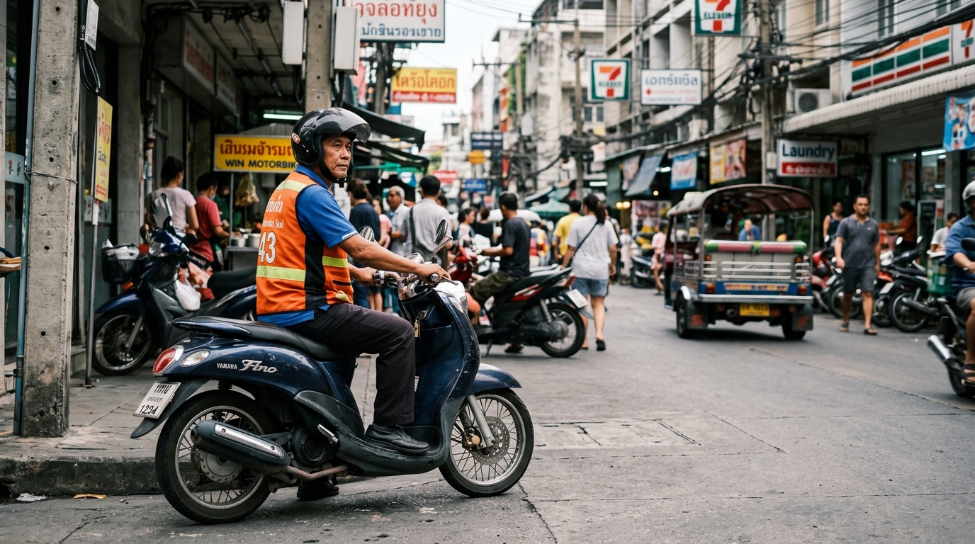 Bangkok motorbike taxi driver in orange vest waiting at soi entrance – bangkok motorbike taxi orange vest soi in bangkok getting around 2