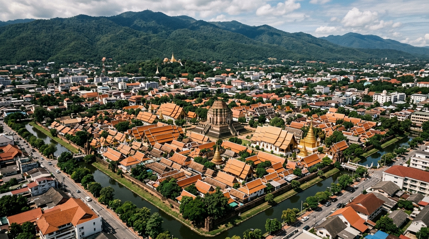 Aerial view of Chiang Mai old city with temples and mountains
