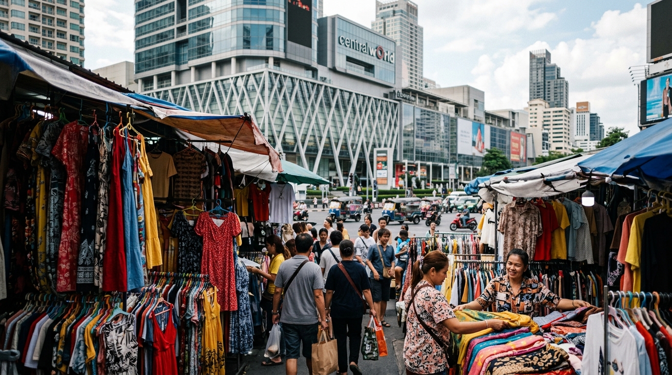 Pratunam market area with colorful clothing stalls and CentralWorld mall in background – bangkok pratunam market s in where to stay in bangkok