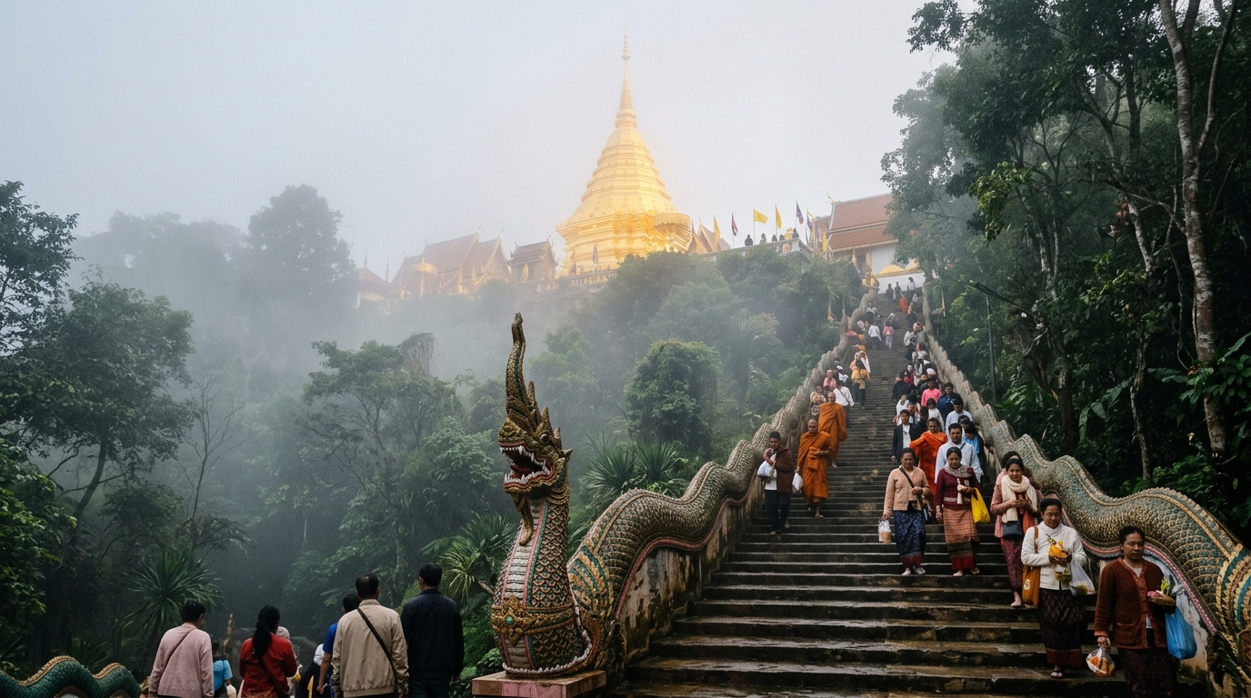 Doi Suthep golden chedi with morning fog and pilgrims climbing the naga staircase,