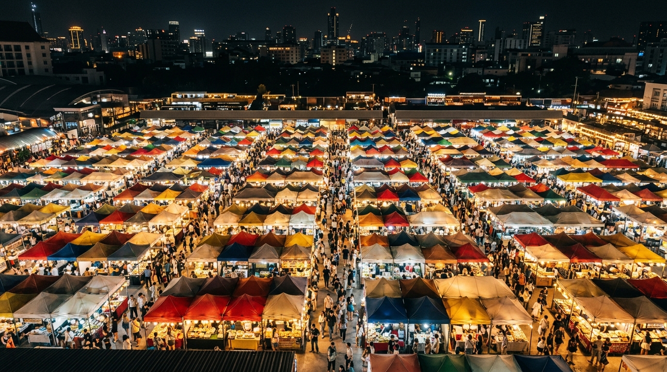 Aerial view of Jodd Fairs night market in Bangkok showing colorful stalls and crowds