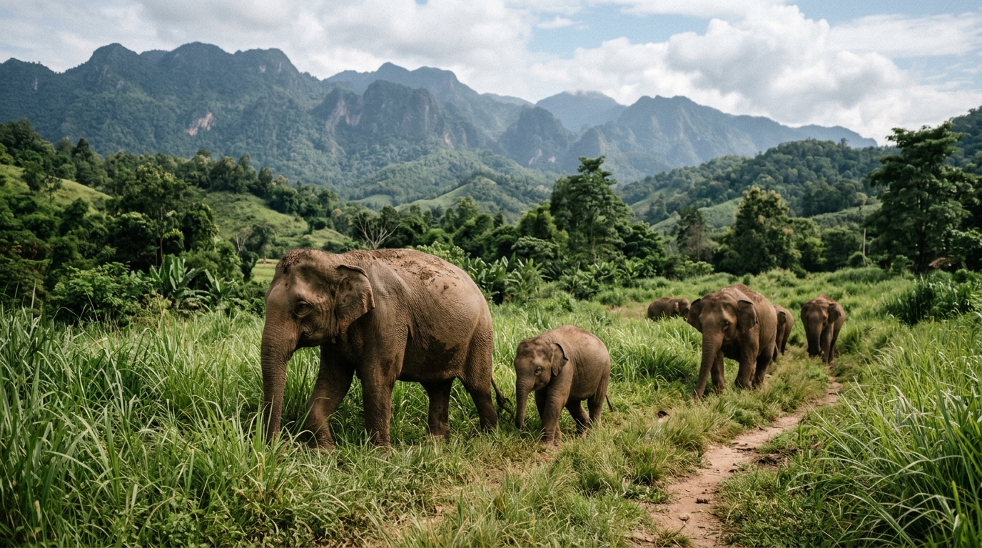 Elephants walking through grass at Elephant Nature Park sanctuary with mountains behind,