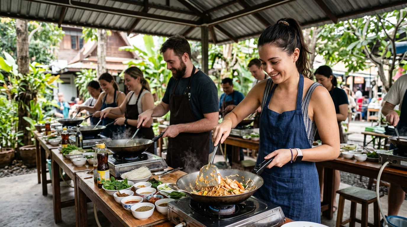 Thai cooking class with participants making pad Thai in an outdoor kitchen in Bangkok