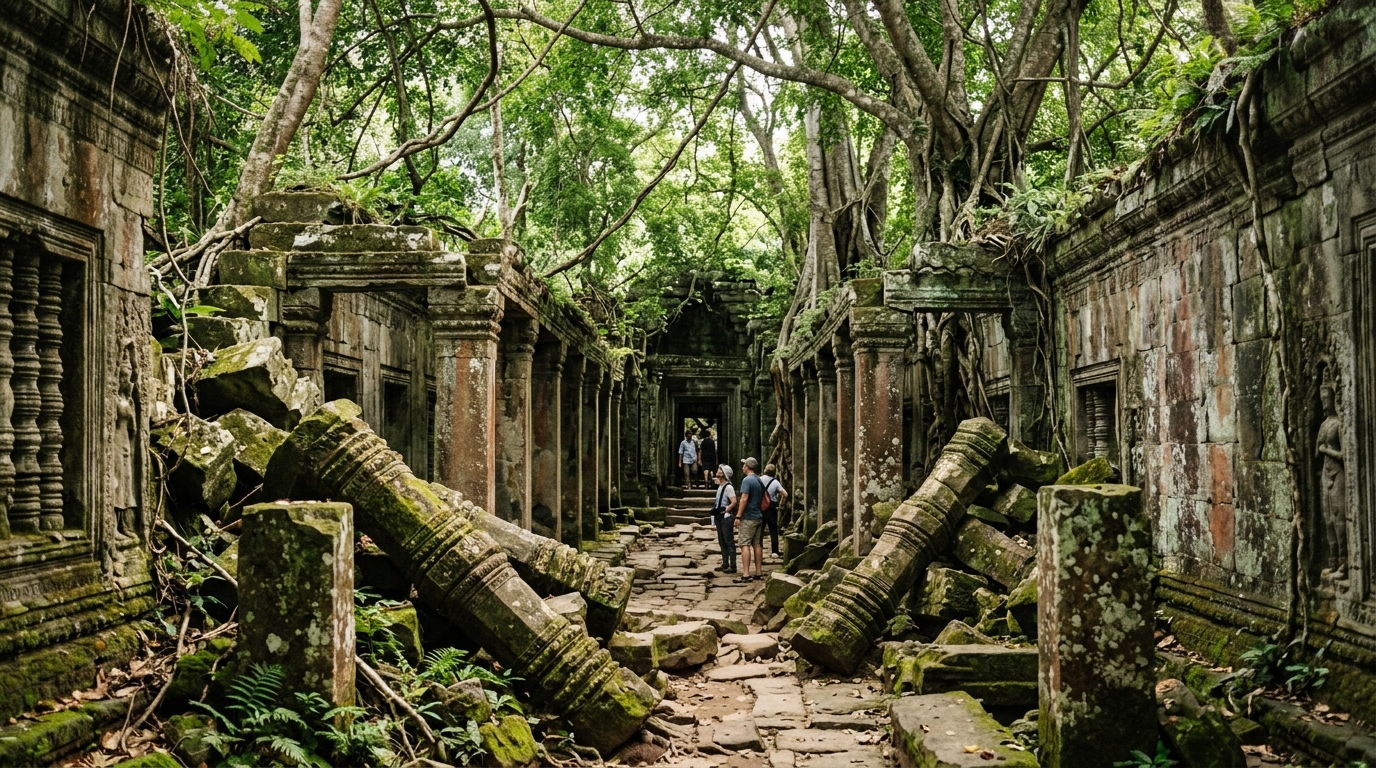 Stone gallery at Beng Mealea with collapsed pillars and tree canopy overhead