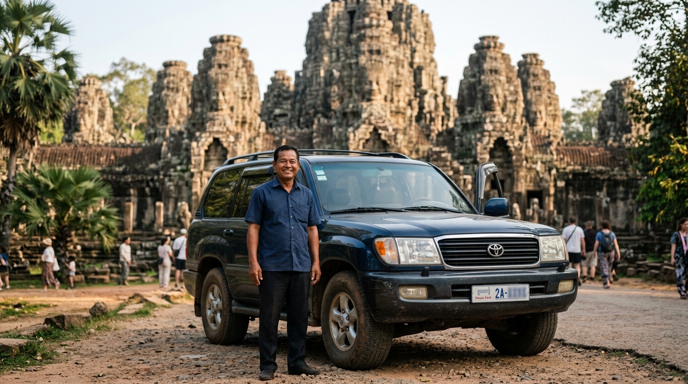 Private SUV parked outside Bayon Temple with smiling local driver