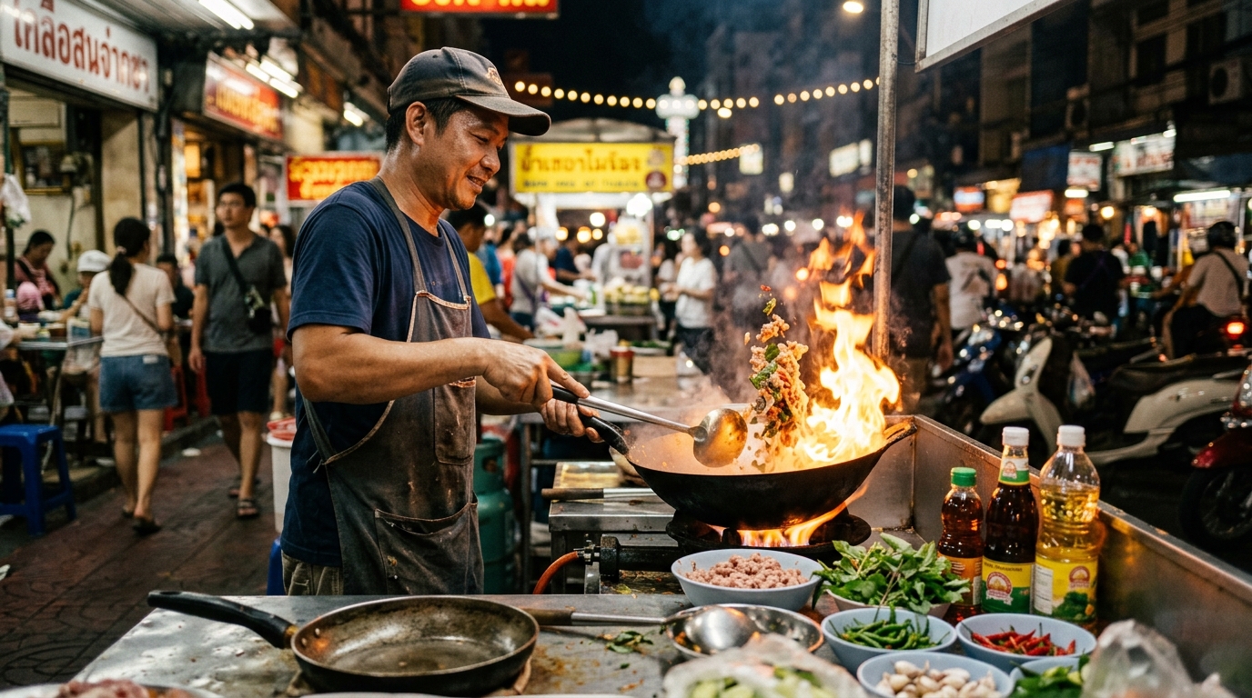 Bangkok street food vendor cooking pad krapow in a flaming wok at a sidewalk stall