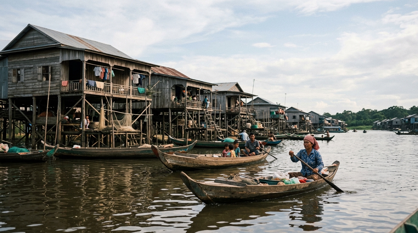 Stilt houses on Tonle Sap lake with wooden boats