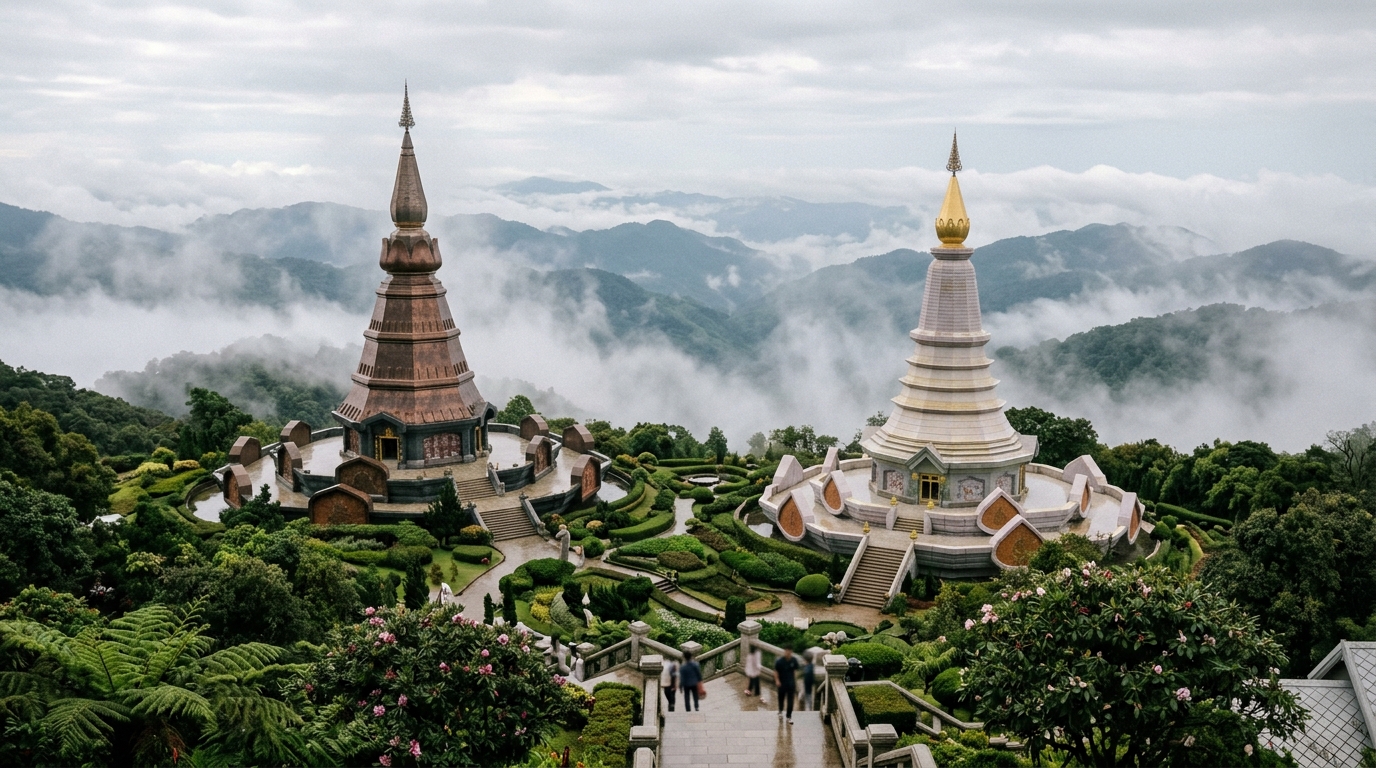 Doi Inthanon twin pagodas King and Queen with mountain mist,