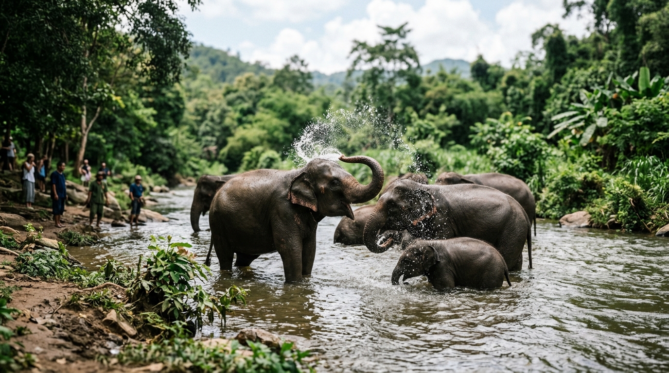 Asian elephants bathing river Chiang Mai sanctuary